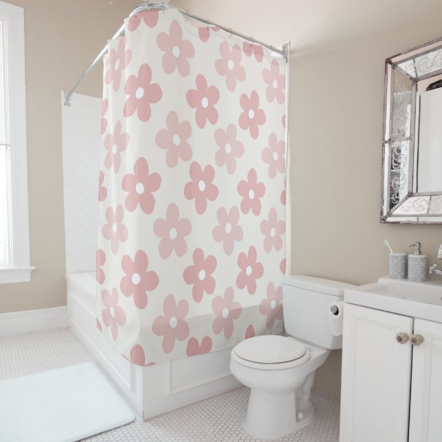 Rideaux De Douche Pink Cream Daisy Flowers Retro Pattern (En situation)