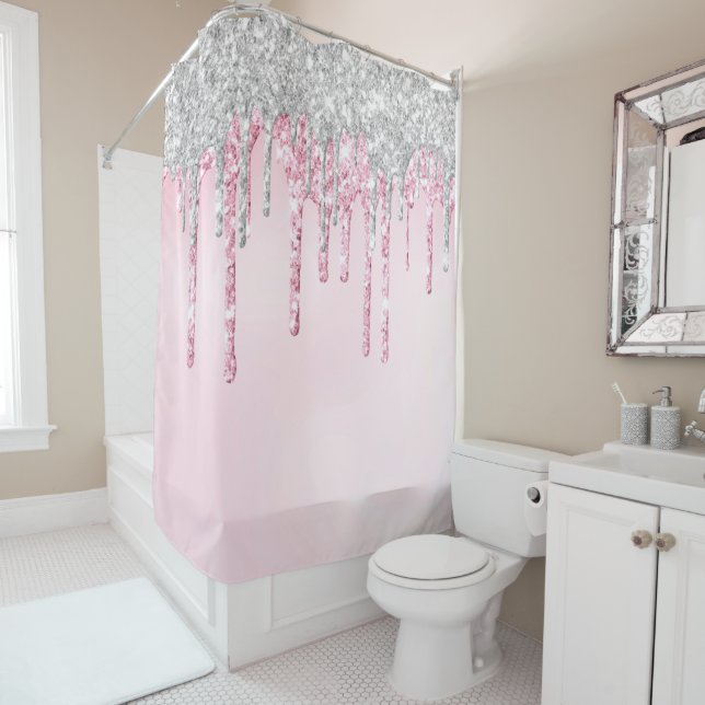 Rideaux De Douche *~* Pink Drip Dripping Silver Magenta GLITTER AP7  (En situation)