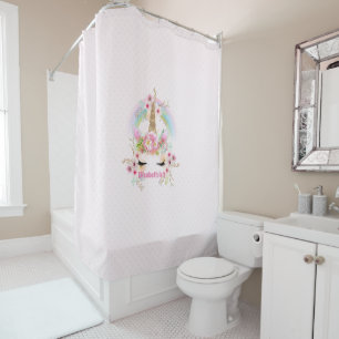 Rideaux De Douche Pink Gold UNICORN Fleurs arc-en-ciel Filles NOMMÉE