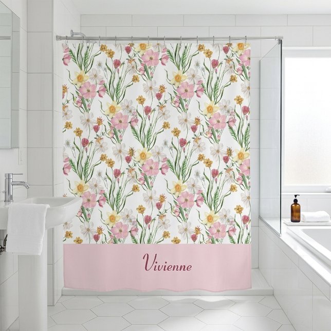 Rideaux De Douche Pink Green Watercolor Wildflower Monogram (Pink Green Watercolor Wildflower Monogram Shower Curtain)