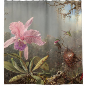 Rideaux De Douche Pink Orchid And Three Hummingbirds
