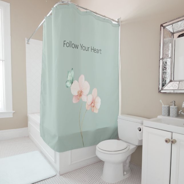 Rideaux De Douche Pink Orchid Flowers Mint Green Butterfly (En situation)
