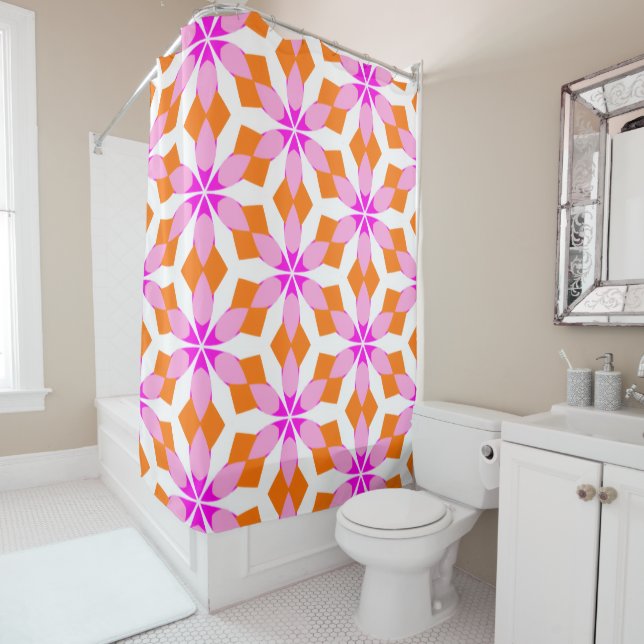 Rideaux De Douche Pink Purple and Orange Floral Geometric (En situation)