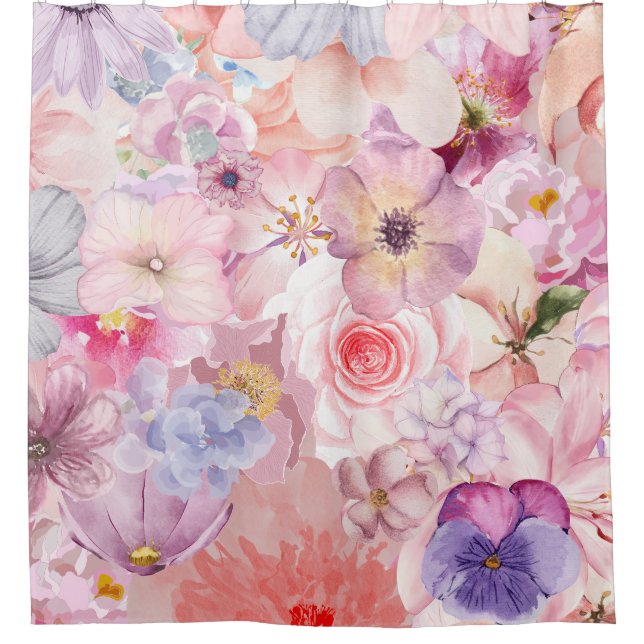 Rideaux De Douche Pink & Purple Floral Pattern (Devant)