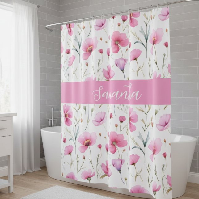 Rideaux De Douche Pink Wildflower Watercolor Custom Name (Créateur téléchargé)