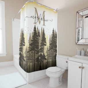 Rideaux De Douche Pins de forêt Nom du script Monogramme