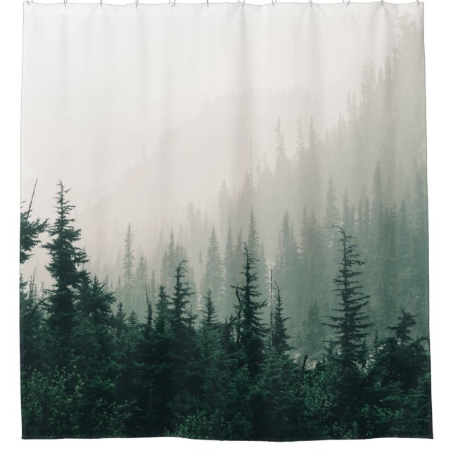 RIDEAUX DE DOUCHE PINS VERTS PAR TEMPS FOGGY (Devant)