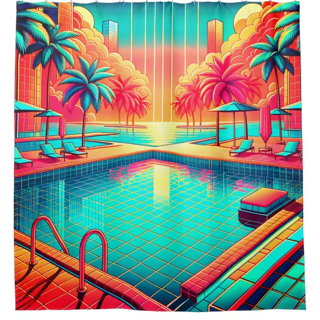 Rideaux De Douche "Piscine tropicale avec Cityscape - Art rétro vibr (Devant)