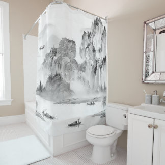 Rideaux De Douche PixDezine Chinoiserie noire Paysage de la vallée f