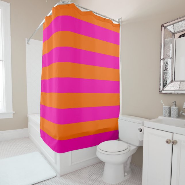 Rideaux De Douche PixDezines Hot Pink/Orange/Stripes Réglable (En situation)