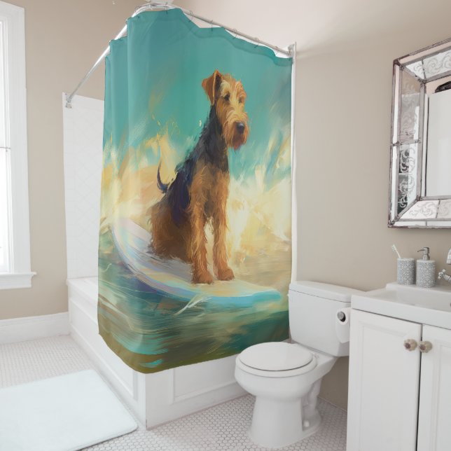 Rideaux De Douche Plage d'Airedale Surfing Painting (En situation)