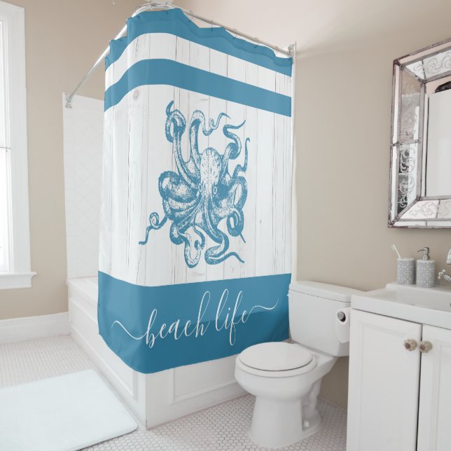 Rideaux De Douche Plage de poulpe turquoise script de vie blanc bois (En situation)