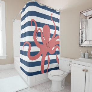 Rideaux De Douche Plage moderne de pieuvre rouge marine blanche ray