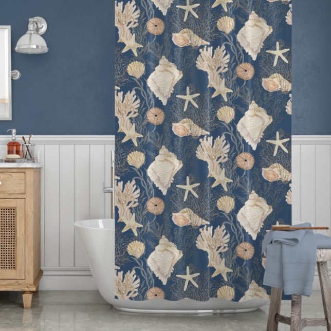 Rideaux De Douche Plage Océan Corail Starfish Navy Shell Aquarelle (Créateur téléchargé)