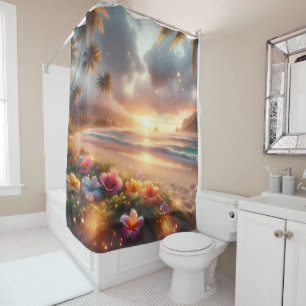 Rideaux De Douche Plage Tropicale Enchantée avec des Hibiscus Magiqu