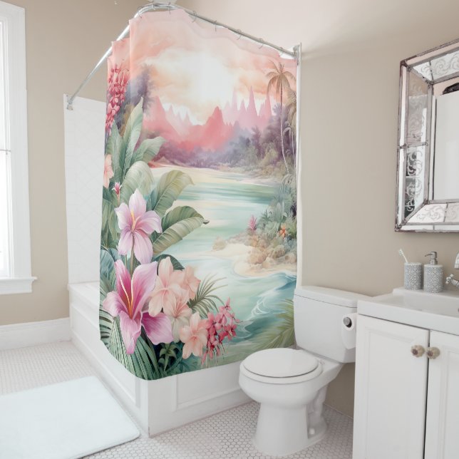 Rideaux De Douche Plage tropicale rose (En situation)
