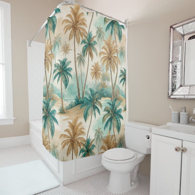 RIDEAUX DE DOUCHE PLAGE TROPICALE VERTE ET BRUNE AVEC PALMIERS (En situation)
