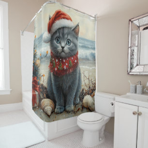 Rideaux De Douche Plage Vintage de Noël de chat bleu russe