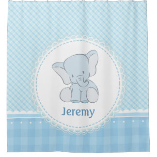 Rideaux De Douche Plaid bleu-clair d'éléphant mignon pour des