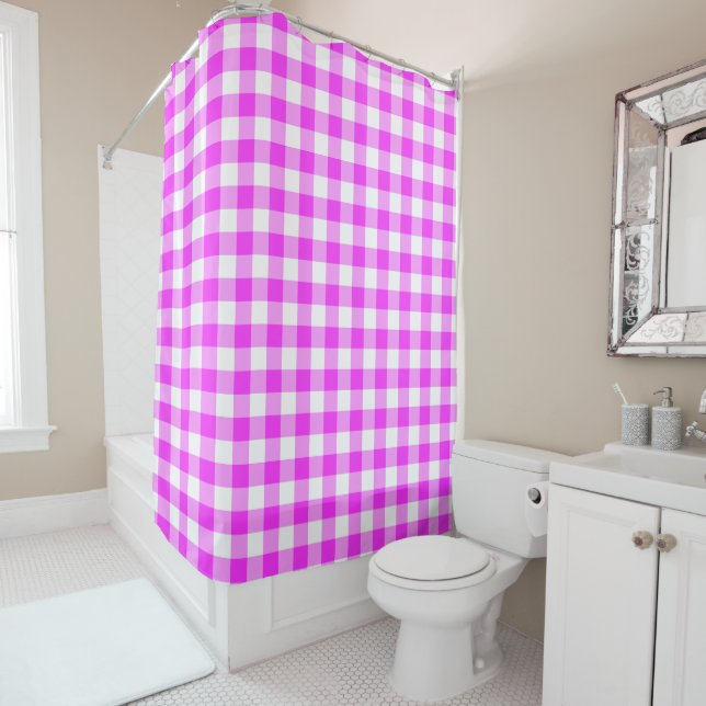 Rideaux De Douche Plaid de buffle rose et blanc (En situation)