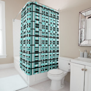 Rideaux De Douche Plaid en Aqua, Turquoise, noir & blanc