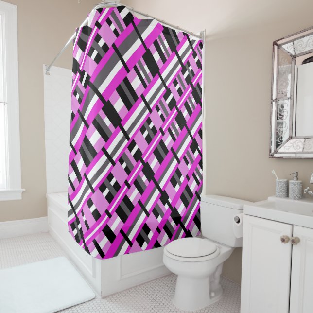 Rideaux De Douche Plaid en diagonale rose, noir et gris (En situation)