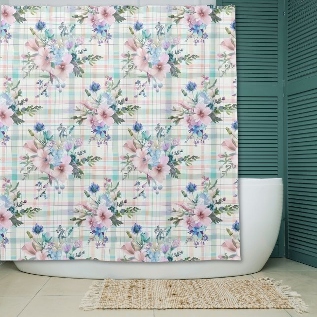 Rideaux De Douche Plaid Floral Pastel de Ferme de Campagne (Créateur téléchargé)