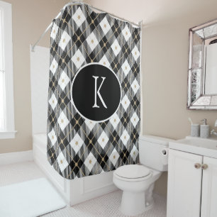 Rideaux De Douche Plaid noir blanc or personnalisé avec monogramme