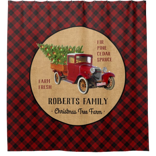 Rideaux De Douche Plaid rouge de camion vintage de ferme d'arbre de (Devant)