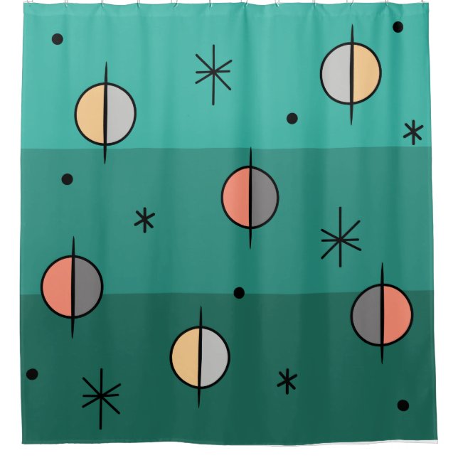 Rideaux De Douche Planètes de l'âge de l'espace rétro étoiles Turquo (Devant)