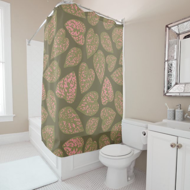 Rideaux De Douche Plante Sage Green et rose Polka Dot Feuilles (En situation)
