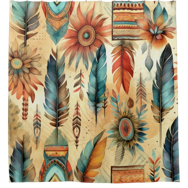 Rideaux De Douche Plumes bleues de la tribu Aztec Boho (Devant)