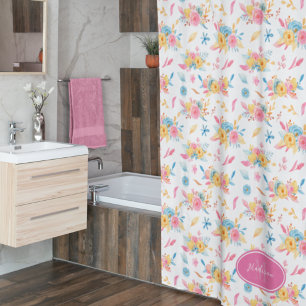 Rideaux De Douche Plutôt rose Motif Floral Monogramme Salle de bain