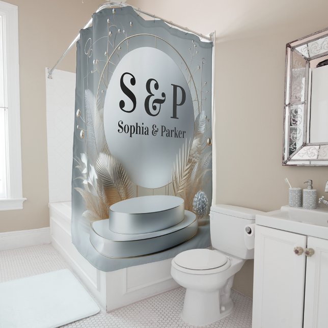 Rideaux De Douche Podium Monogramme Moderne Argent Gris Mariage (Créateur téléchargé)