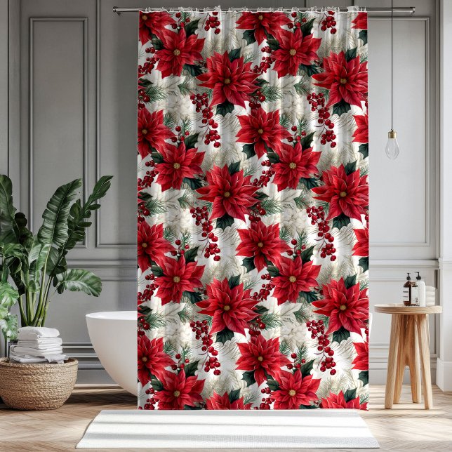 Rideaux De Douche Poinsettia Pattern Curtain Classic Holiday Look (Poinsettia Pattern Curtain Classic Holiday Look)
