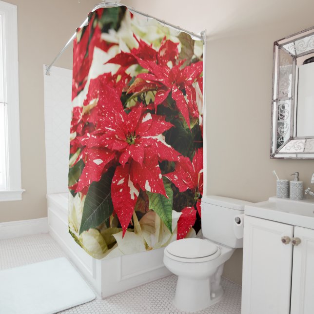 Rideaux De Douche Poinsettias Festive Rouge Blanc Floral (En situation)