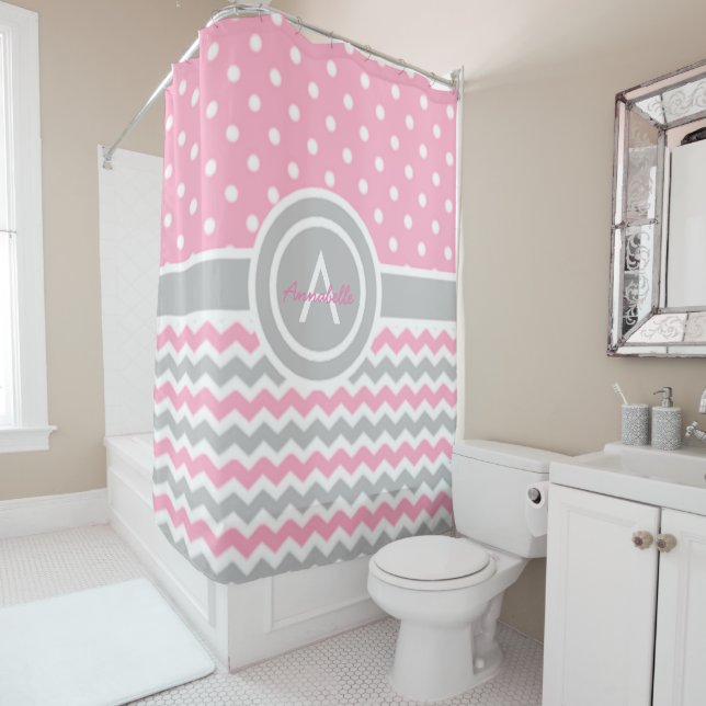 Rideaux De Douche Point de polka gris rose Chevron (En situation)