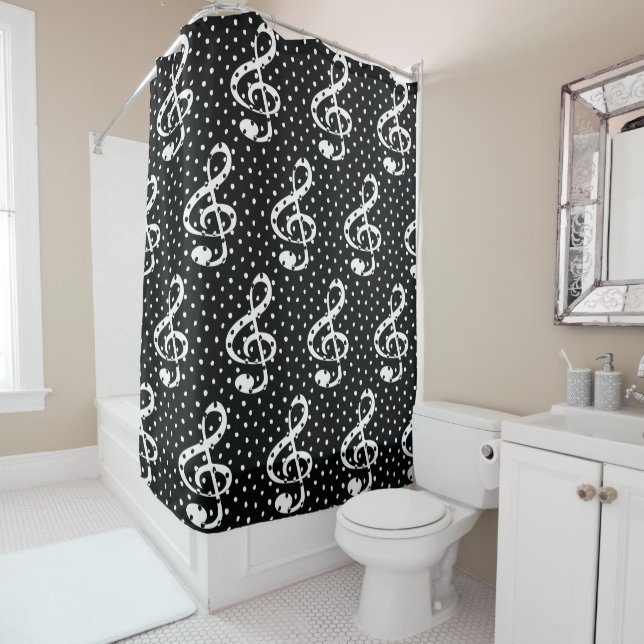 Rideaux De Douche Pointe de polka noir et blanc (En situation)