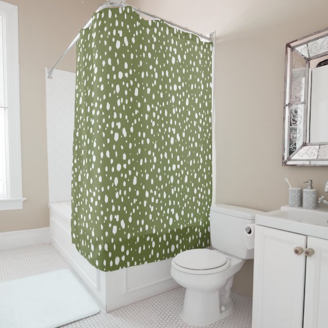 Rideaux De Douche Points abstraits verts olive et blancs (En situation)