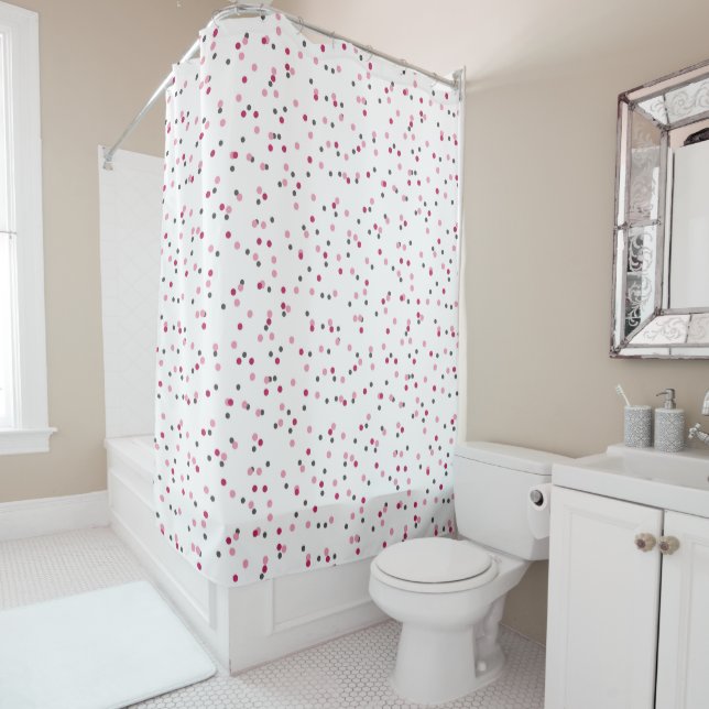 Rideaux De Douche points roses chauds, roses et gris (En situation)