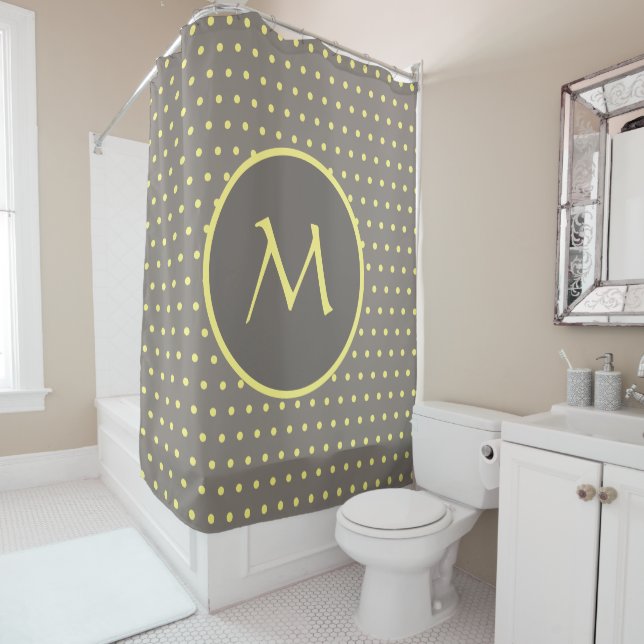Rideaux De Douche Pois jaune monogrammé gris (En situation)