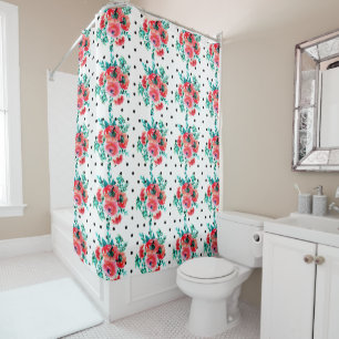 Rideaux De Douche Pois noirs et Motif Rose d'aquarelle rouge