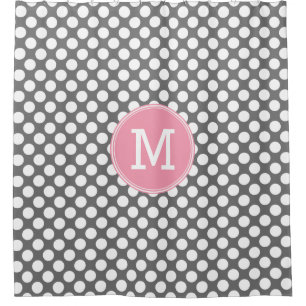 Rideaux De Douche Pois roses et gris avec Monogramme preppy