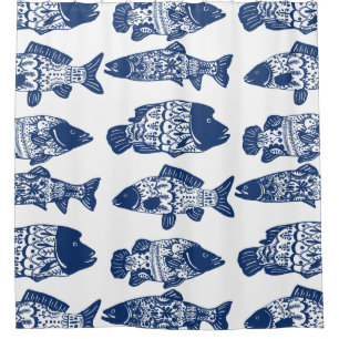 Rideaux De Douche Poisson à motifs floraux bleu marine