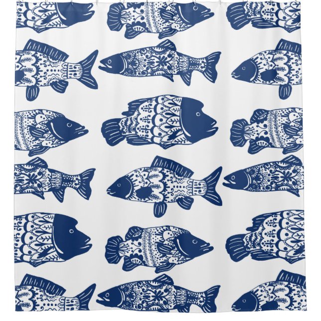 Rideaux De Douche Poisson à motifs floraux bleu marine (Devant)