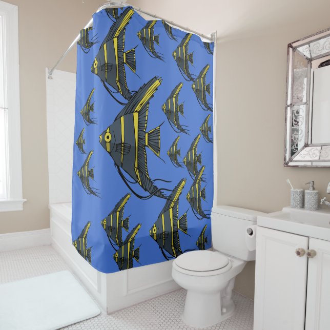 Rideaux De Douche Poisson-ange gris et jaune (En situation)