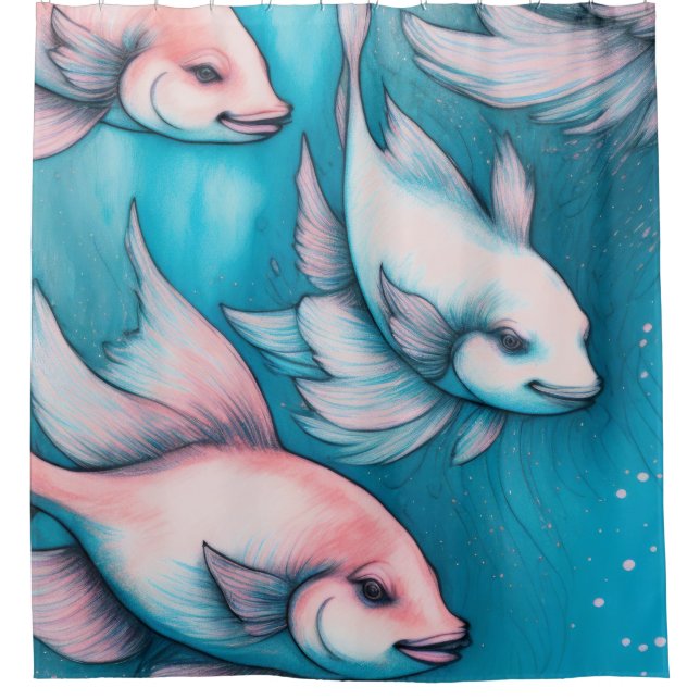 Rideaux De Douche Poisson Dessin de calcaire bleu rose (Devant)