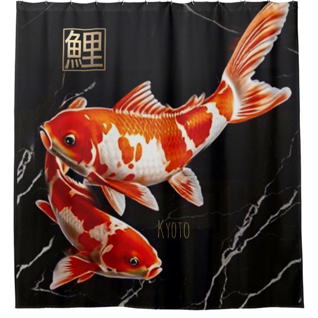 Rideaux De Douche Poisson Koi Orange Marbre Noir|Or (Devant)