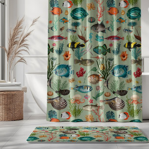 Rideaux De Douche Poissons colorés d'Océanie sur fond vert sauge
