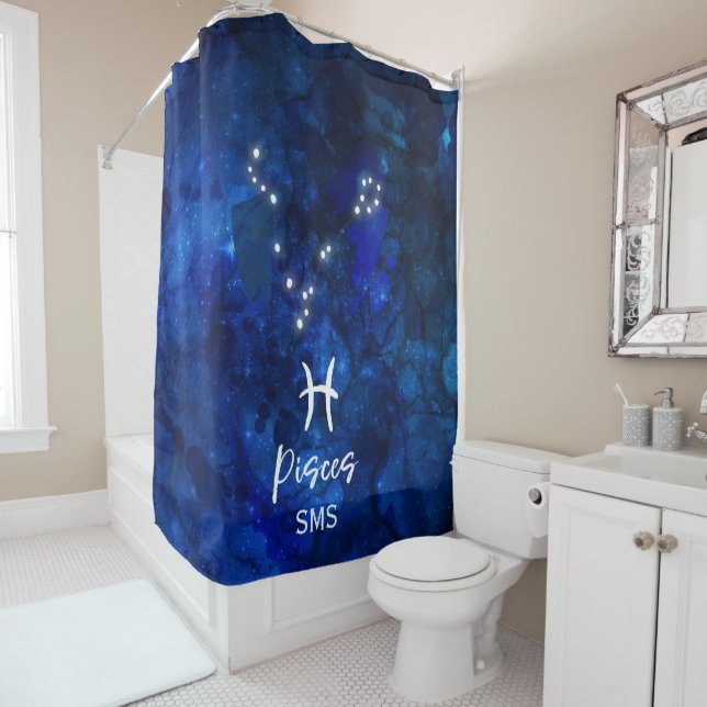 Rideaux De Douche Poissons Zodiac Constellation Bleu Galaxie Monogra (En situation)